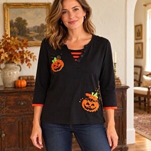 SML Sport Women's L Black/Orange Halloween Pumpkin Graphic Henley Button Top